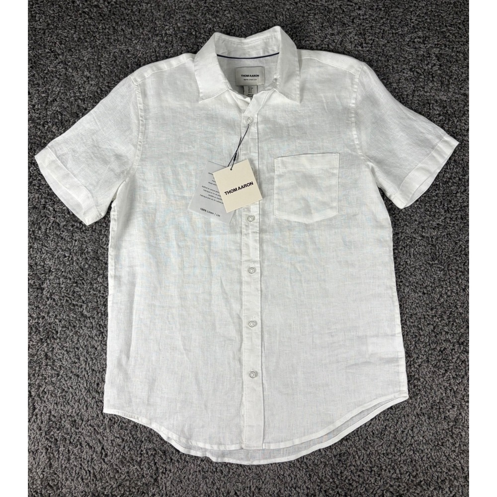 Thom Aaron Mens 100% Linen Short Sleeve Button Down Shirt White Small NWT